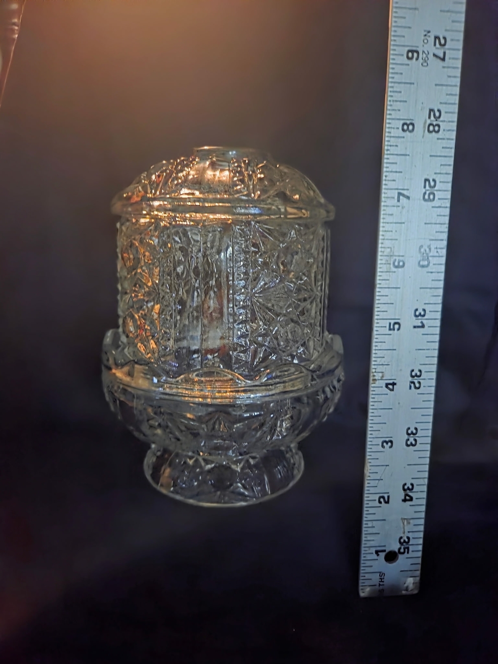 Clear pressed glass fairy lamp with Star and Bars pattern